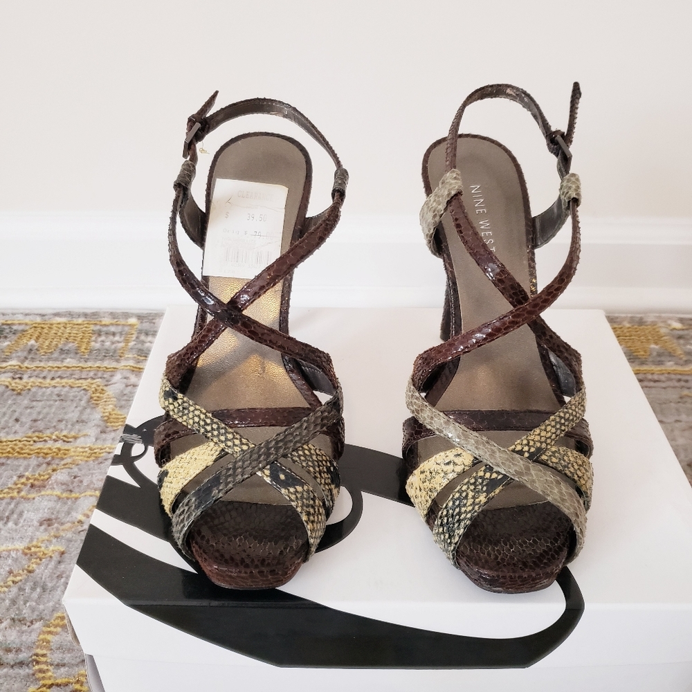 Nine West Braided Snakeskin Strappy Heeled Sandals | Brown/Tan | Size 7.5